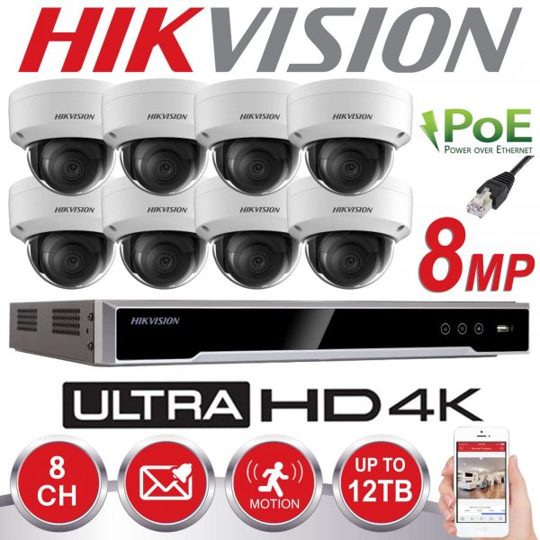 HIKVISION 8MP CCTV SYSTEM IP POE 8CH CHANNEL 4K UHD NETWORK NVR DOME OUTDOOR VANDAL PROOF CAMERA KIT 1