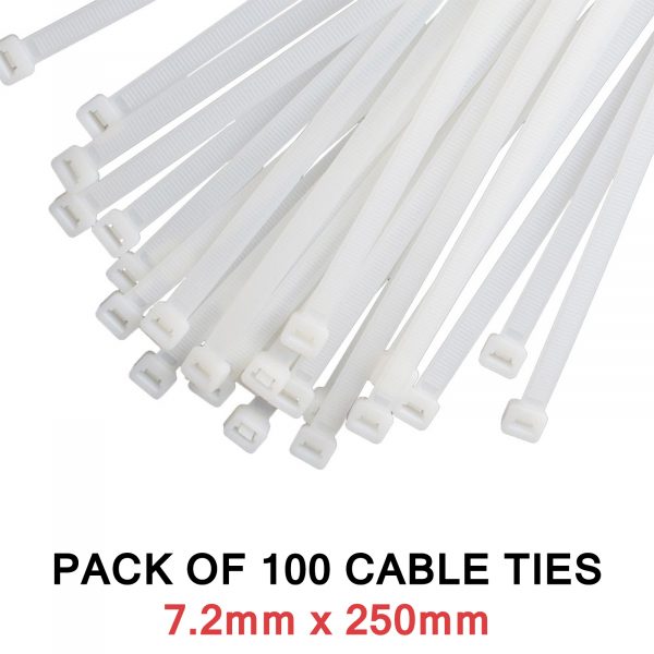 100X SELF-LOCKING CABLE TIES THICK WHITE CABLE TIE 7.2MM X 250MM ZIP TIES CCTV CABLE 1