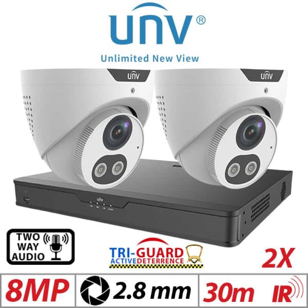 8MP 4CH UNIVIEW KIT - 2X - TRI-GUARD COLORHUNTER - 24/7 COLOUR - HD IR TURRET NETWORK CAMERA WITH LIGHT, AUDIBLE WARNING AND DEEP LEARNING ARTIFICIAL INTELLIGENCE 2.8MM IPC3618SB-ADF28KMC-I0 WHITE 1