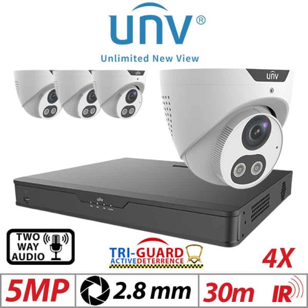 5MP 4CH UNIVIEW KIT - 4X - TRI-GUARD COLORHUNTER - 24/7 COLOUR - HD IR TURRET NETWORK CAMERA WITH LIGHT, AUDIBLE WARNING AND DEEP LEARNING ARTIFICIAL INTELLIGENCE 2.8MM IPC3615SB-ADF28KMC-I0 WHITE 1