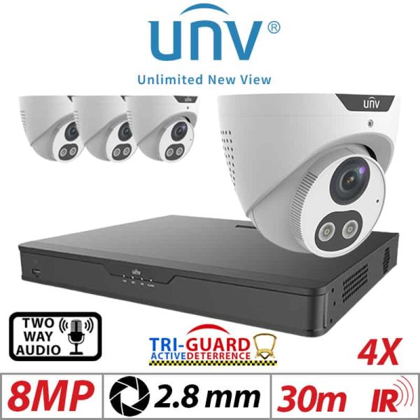 8MP 4CH UNIVIEW KIT - 4X - TRI-GUARD COLORHUNTER - 24/7 COLOUR - HD IR TURRET NETWORK CAMERA WITH LIGHT, AUDIBLE WARNING AND DEEP LEARNING ARTIFICIAL INTELLIGENCE 2.8MM IPC3618SB-ADF28KMC-I0 WHITE 1